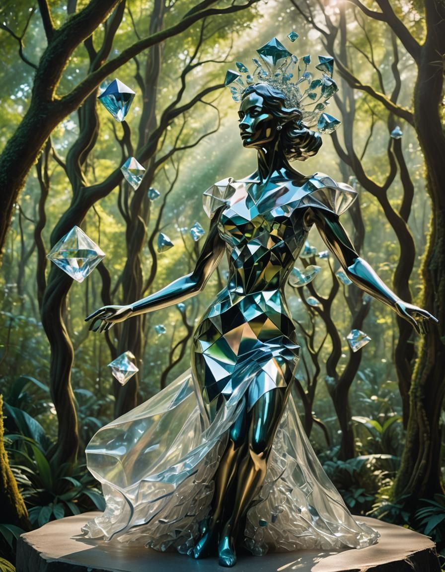 Diamond Sculpture of Dancing Woman in Surreal Forest