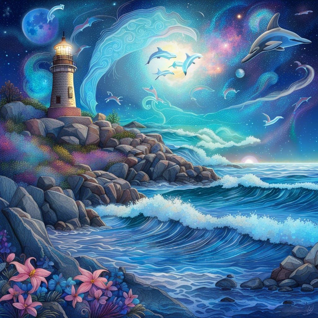 Cosmic Shoreline: Lighthouse, Dolphins, and Galaxy Sky
