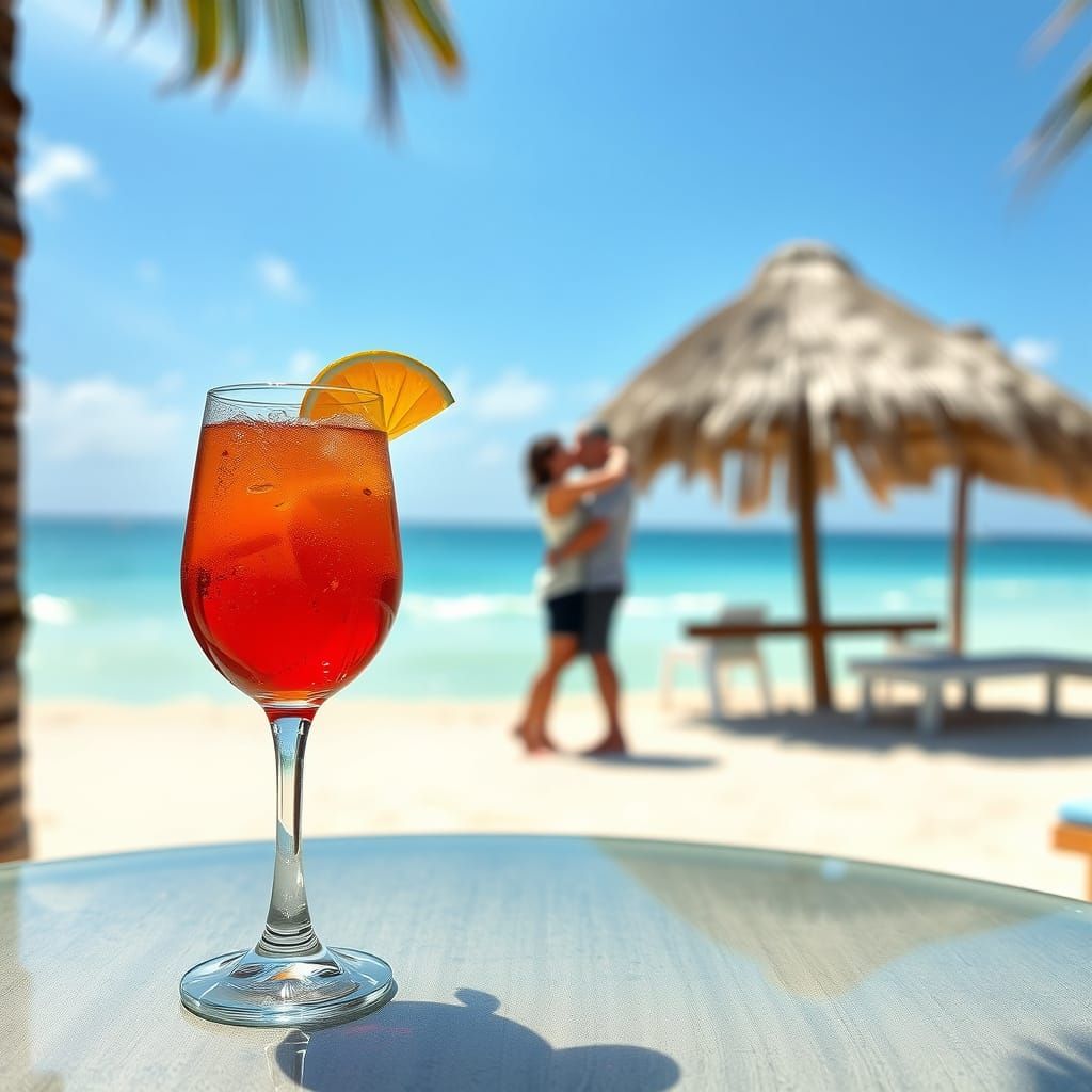 Aperol Spritz on Tropical Beach with Kissing Couple