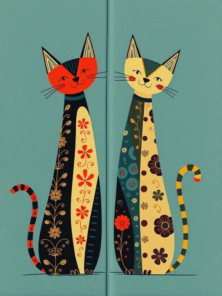 Abstract Happy Cats in Textile Print Style