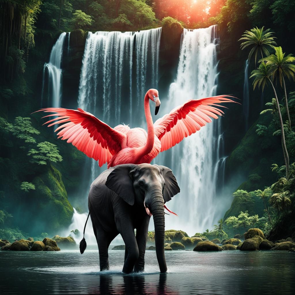 Elephant and Flamingo in Tropical Landscape