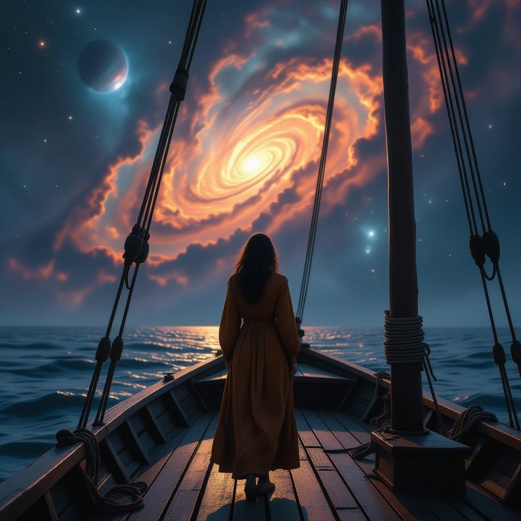 Woman Awed by Nebula on Ancient Boat