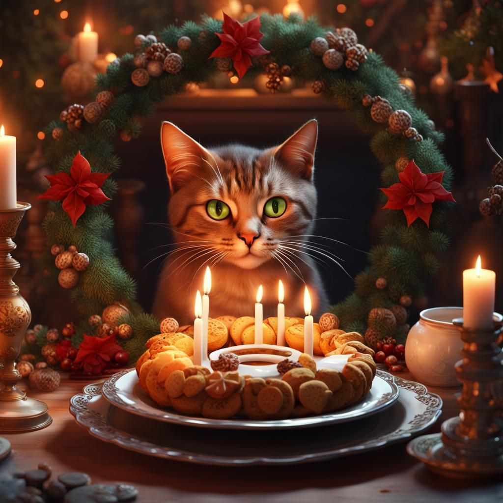 Festive Advent Wreath with Cat in Matte Painting