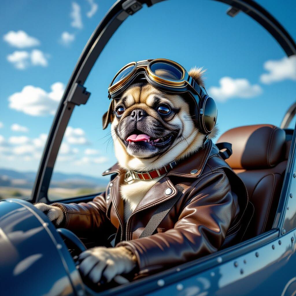 Pug Dog Pilot Flying Helicopter: Photorealistic Detail
