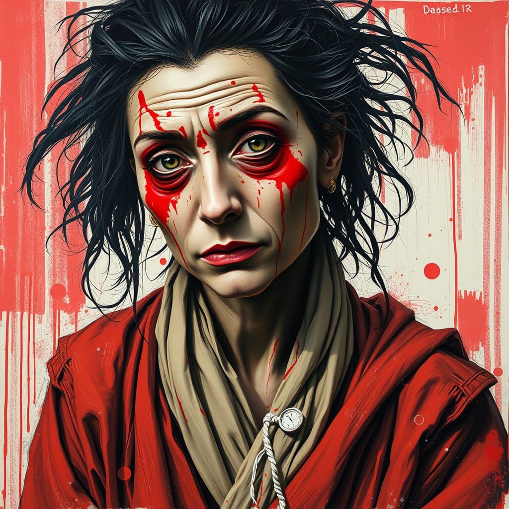 Vibrant Red Splatters on a Button Witch's Skin and Face