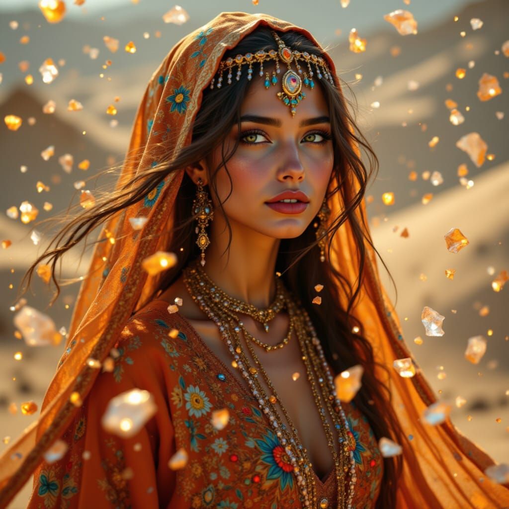 Desert Nomad Woman Portrait with Floating Crystal Fragments