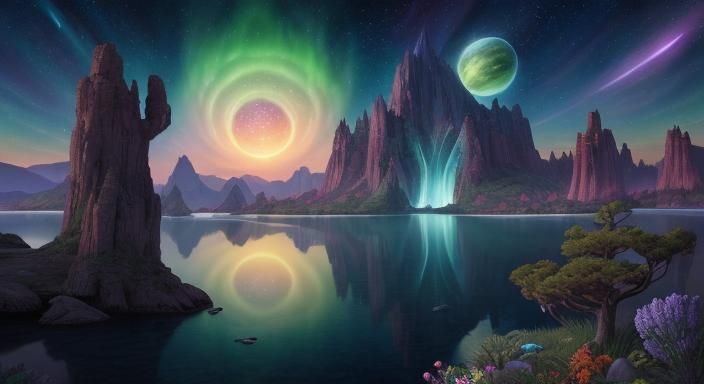 Futuristic Alien Zen Garden Under Cosmic Sky