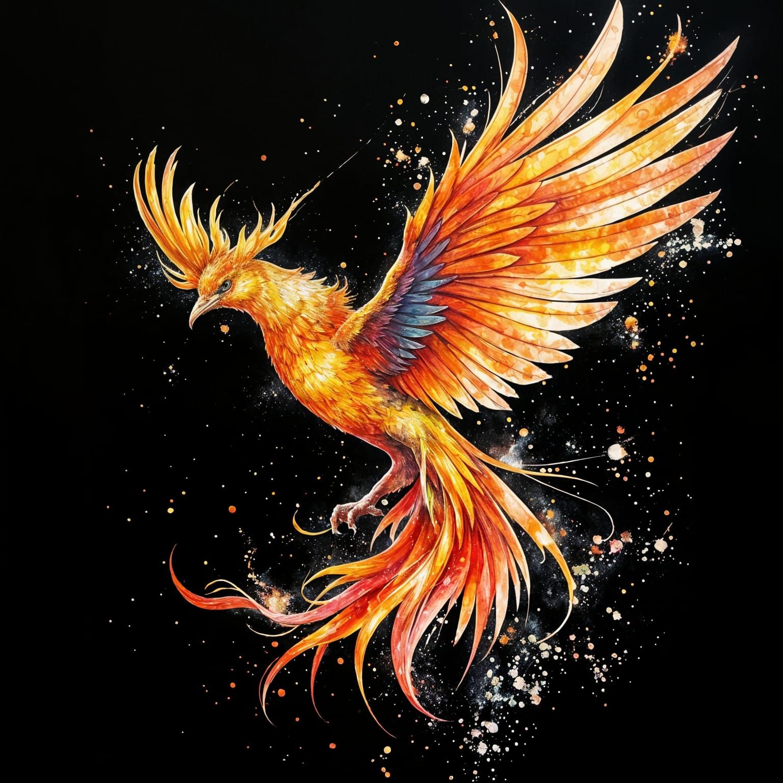 Iridescent Phoenix in Watercolor Ink Splatter