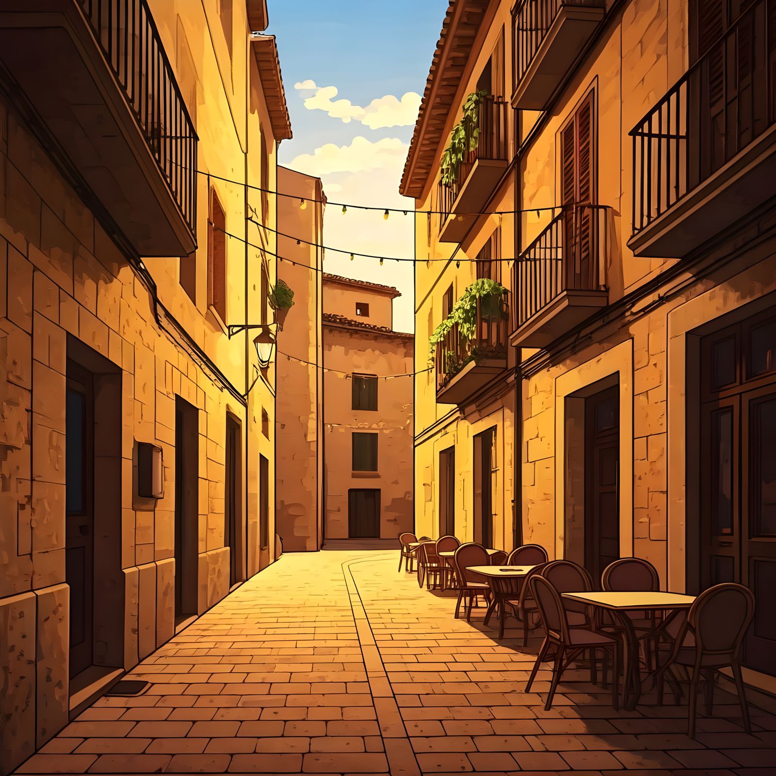 Dreamy Palma de Mallorca Sunset Café Scene in Cel-Shaded Sty...