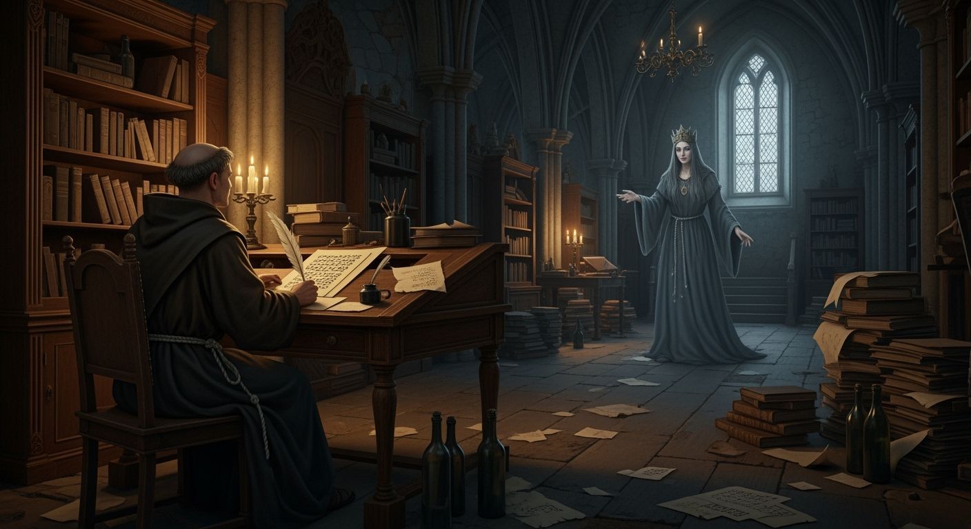 Monk and Ghostly Woman in Dilapidated Abbey