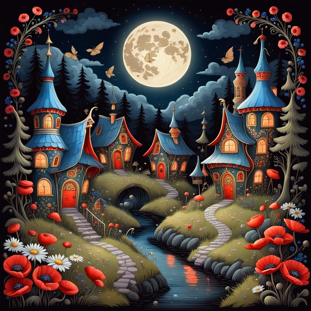 Winged Fairy Village in Palekh Style