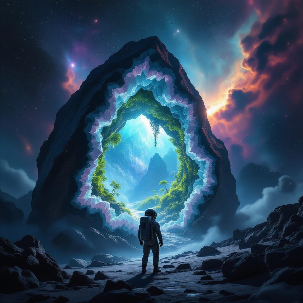 Astronaut Gazes at Crystal Geode's Bioluminescent Jungle