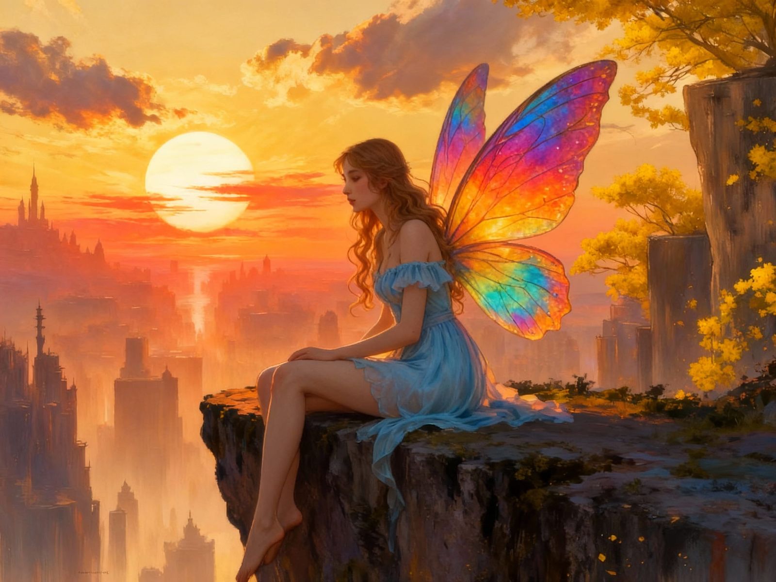 Fairy With Colorful Sunset Wings at Dusk