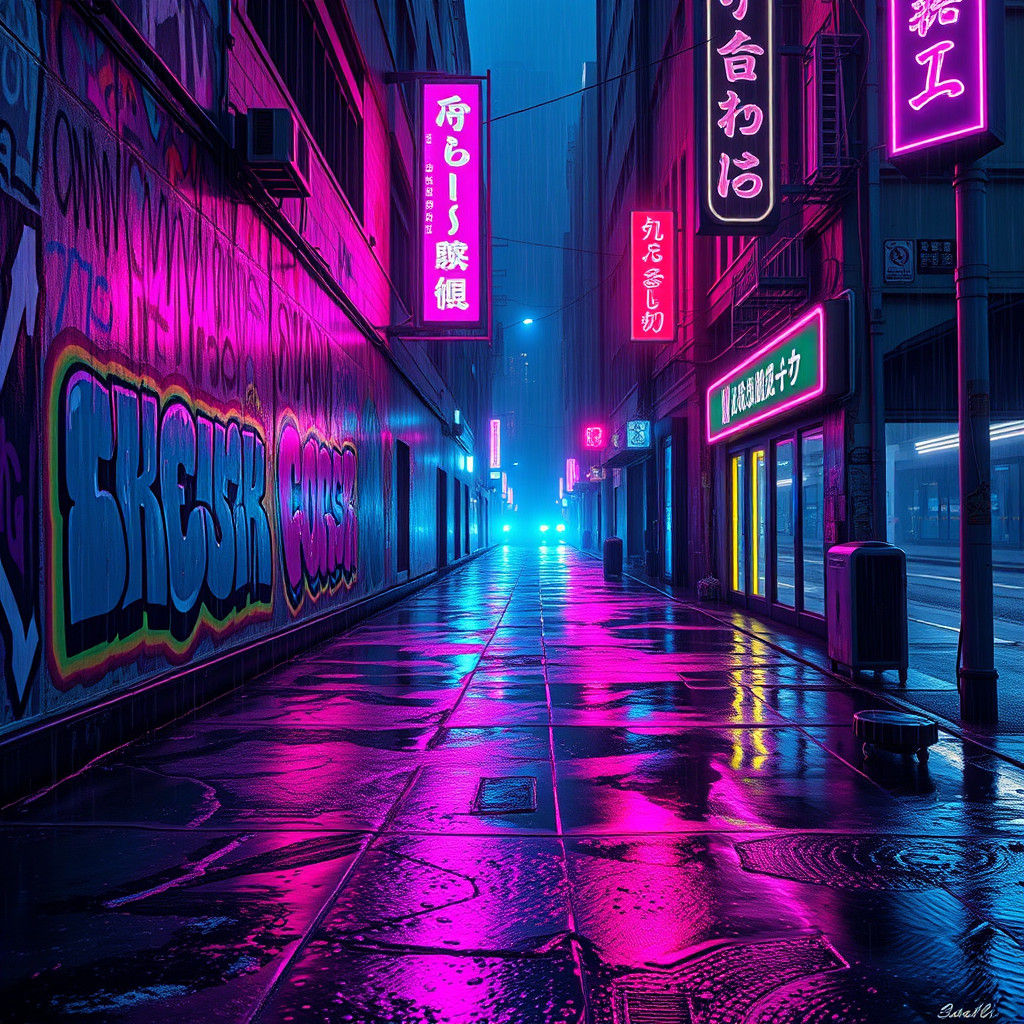 Neon Cyberpunk Street Art on Rainy City Wall