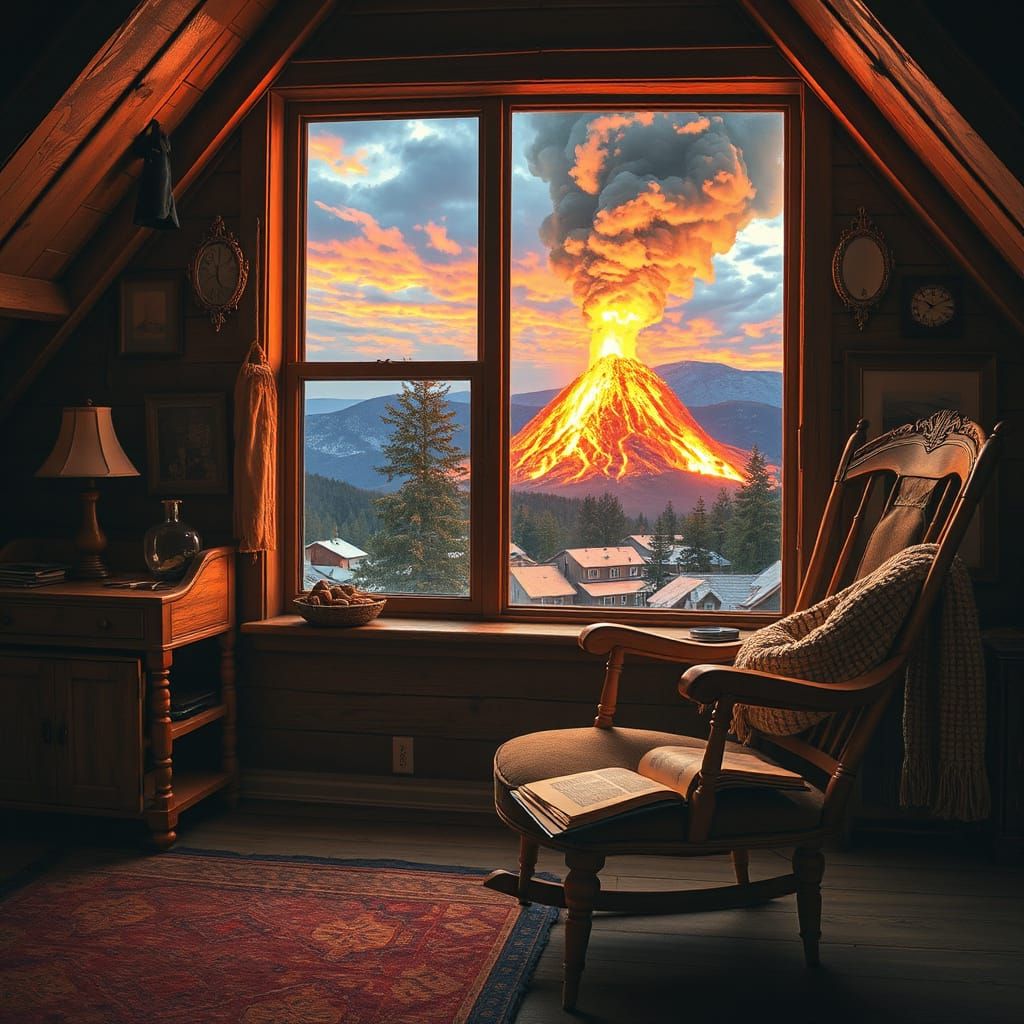 Impressionistic Volcano Eruption in Cozy Attic Room