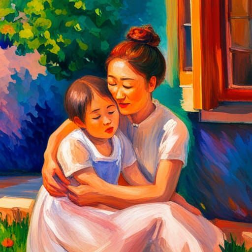 Impressionistic Mother and Daughter Hug in Bright Colors