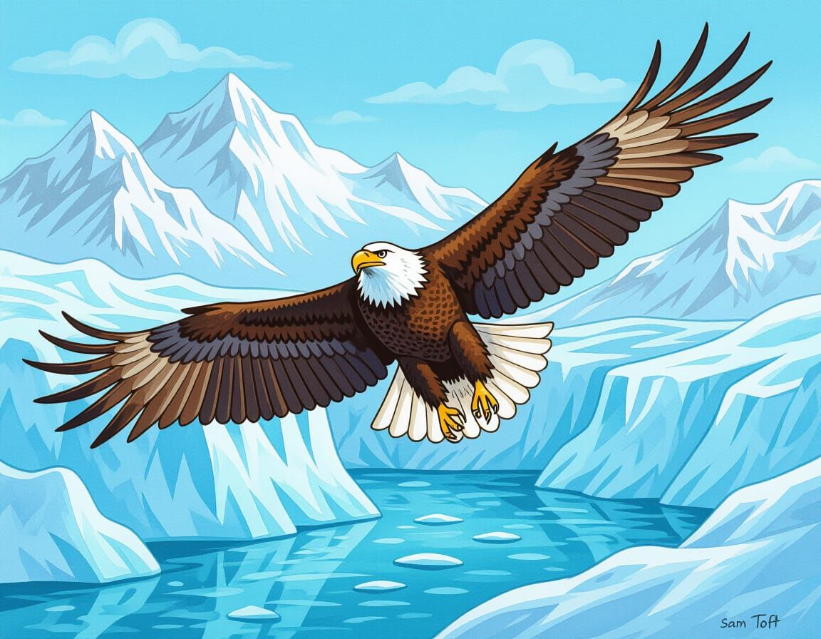 Eagle Soaring Over Frozen Glacier, Hand Drawn Cartoon Style