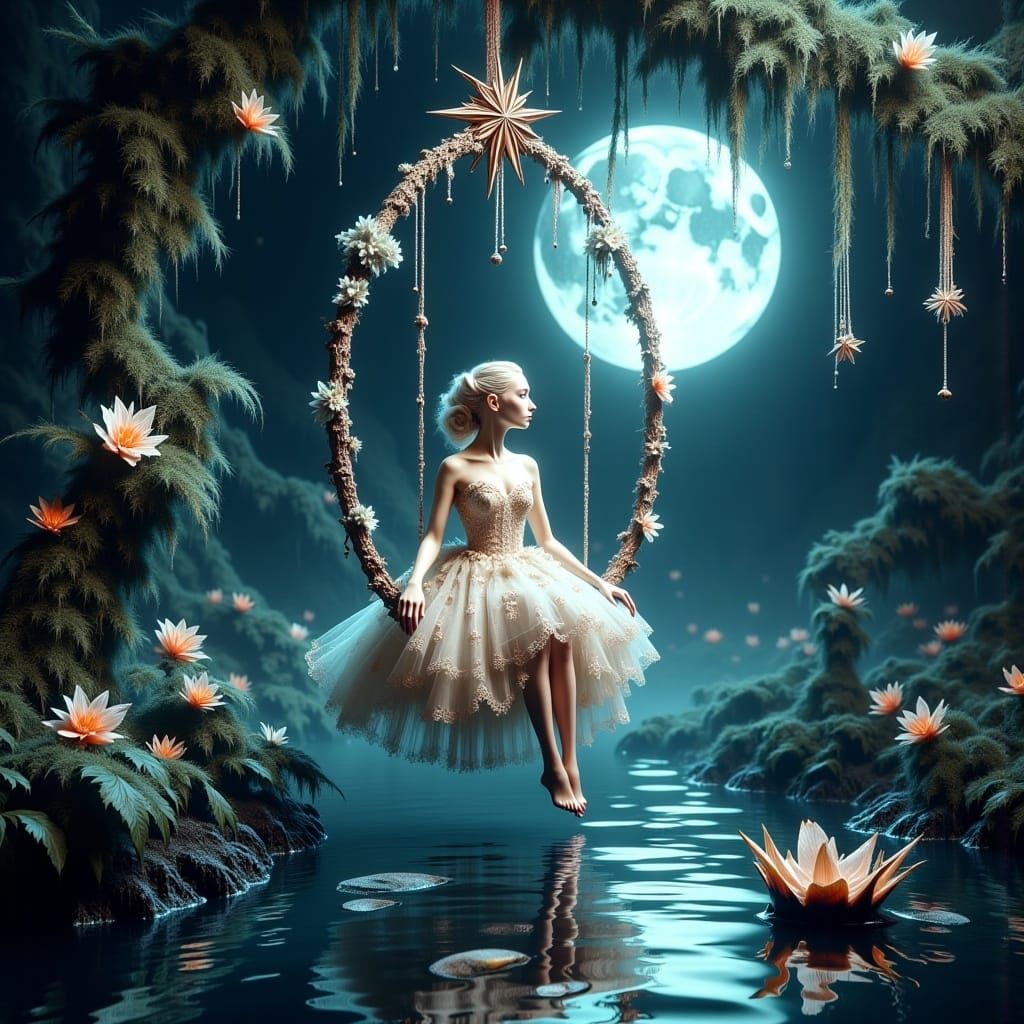 <lora:Morbid:1.0>  A mystical, dreamlike woman with porcelain skin and sapphire eyes, adorned in an intricate, lace-trim...