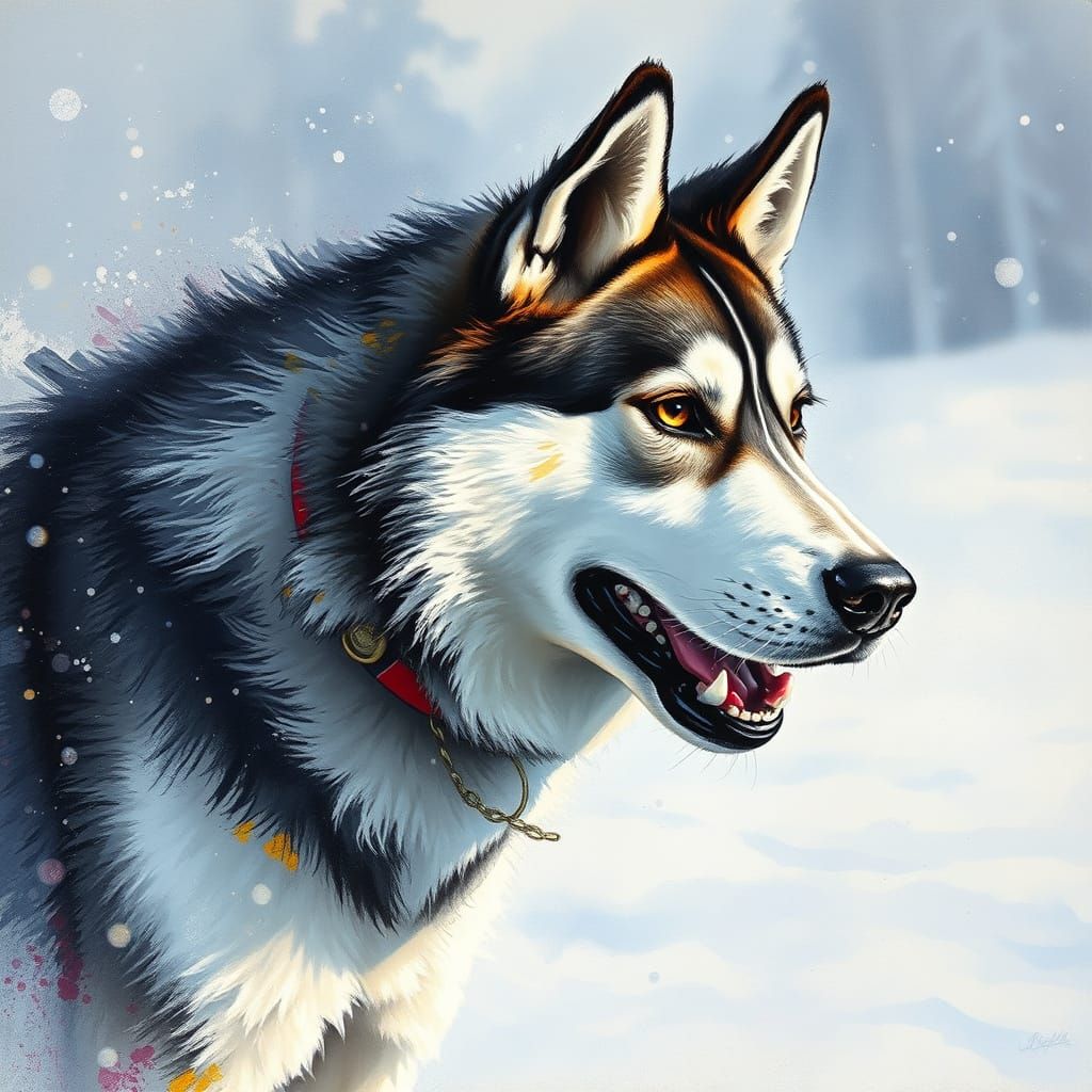 Majestic Husky in Snow: Hyperrealistic Charcoal Impressionis...