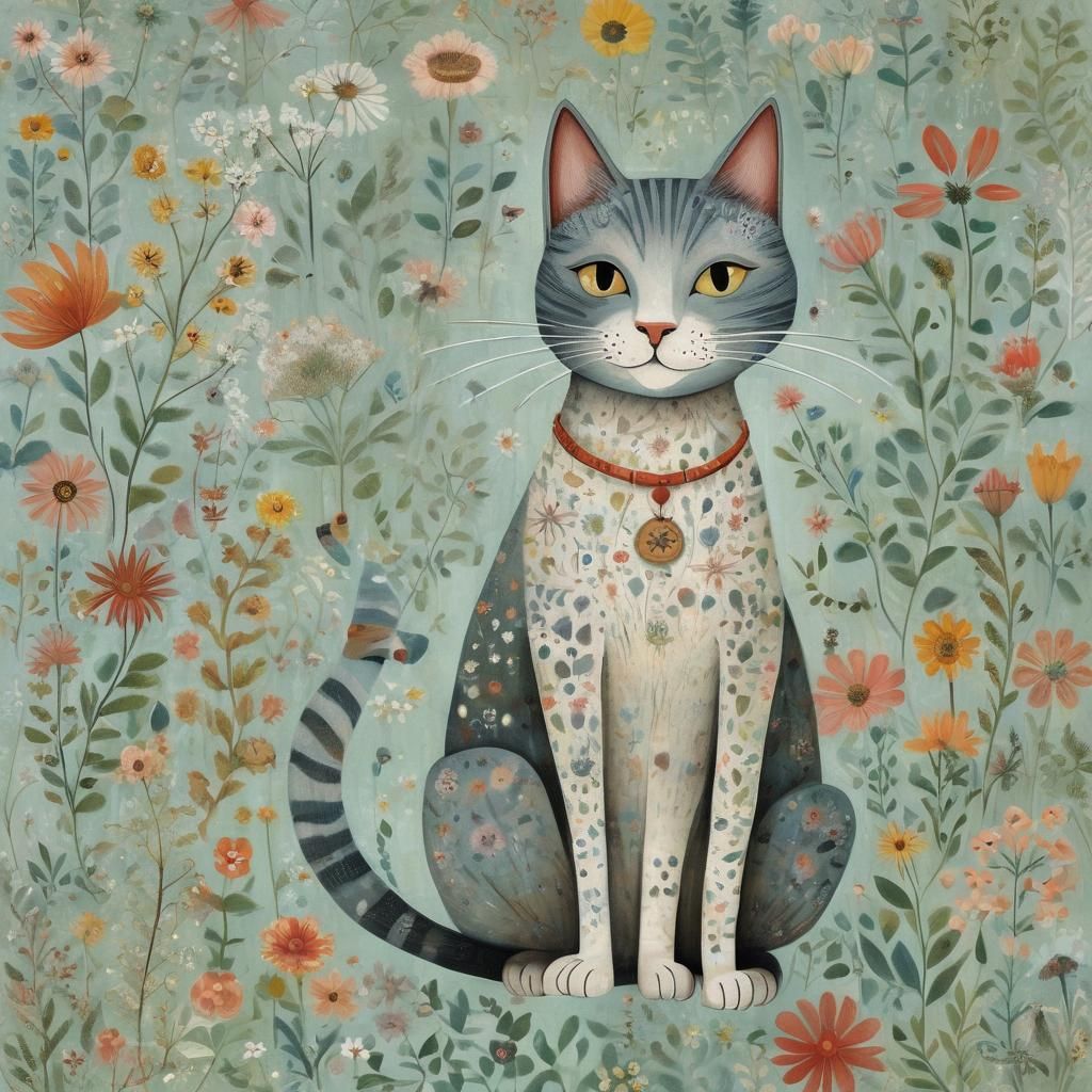 Surreal Whimsical Feline Scene in Vibrant Watercolor Style