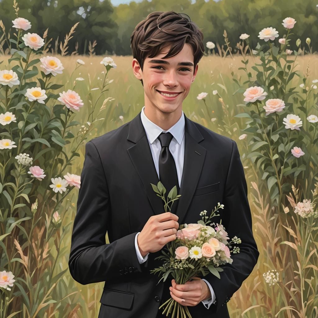Shy Teen Boy in Black Suit Holding Flowers