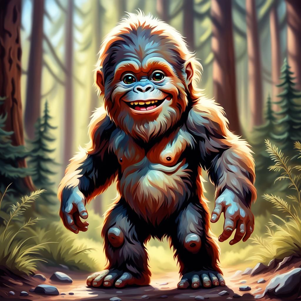 Adorable Smiling Sasquatch in Photorealistic Oil Painting