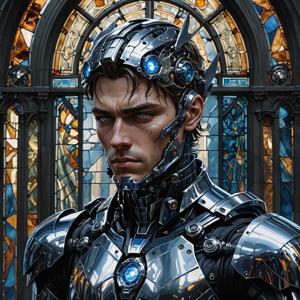 Cyborg Knight with Glowing Sword in Gothic Style