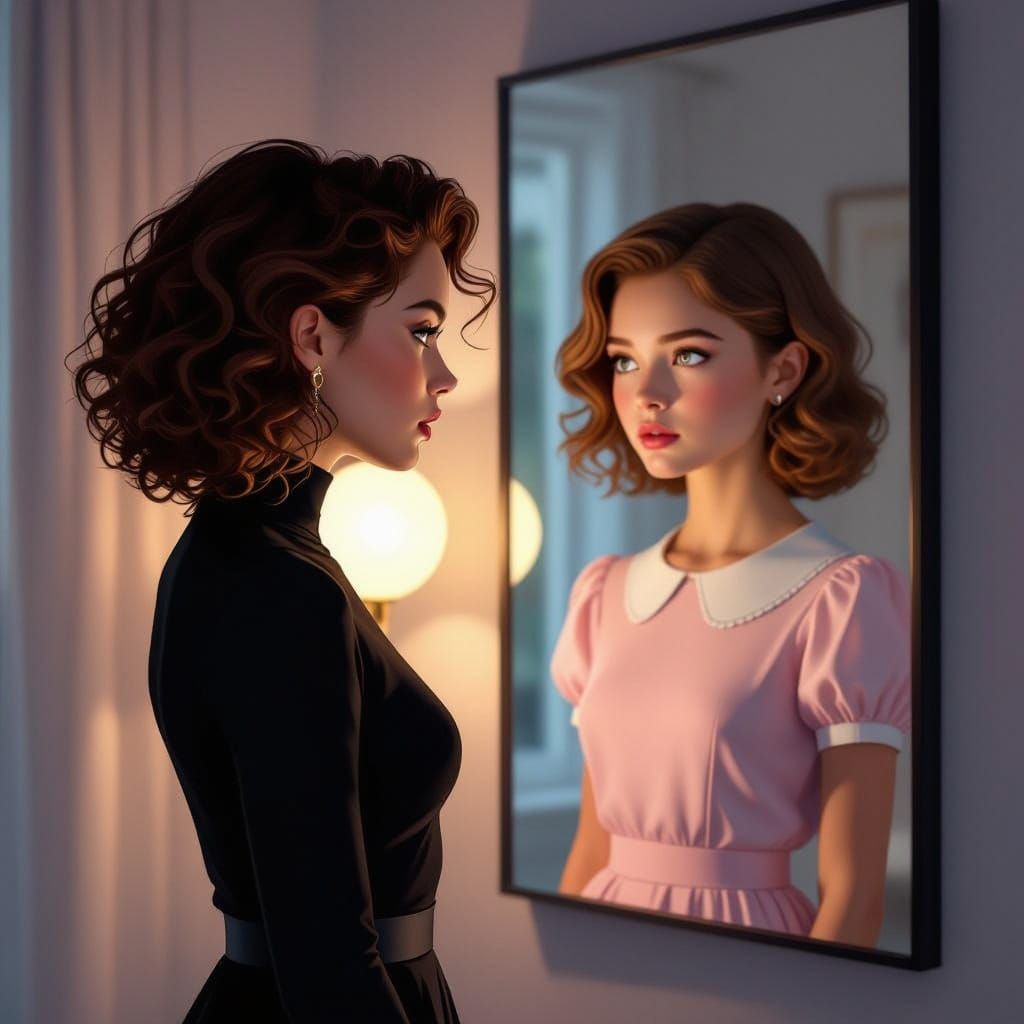Psychological Tension: Woman Faces Her Reflection in Realist...