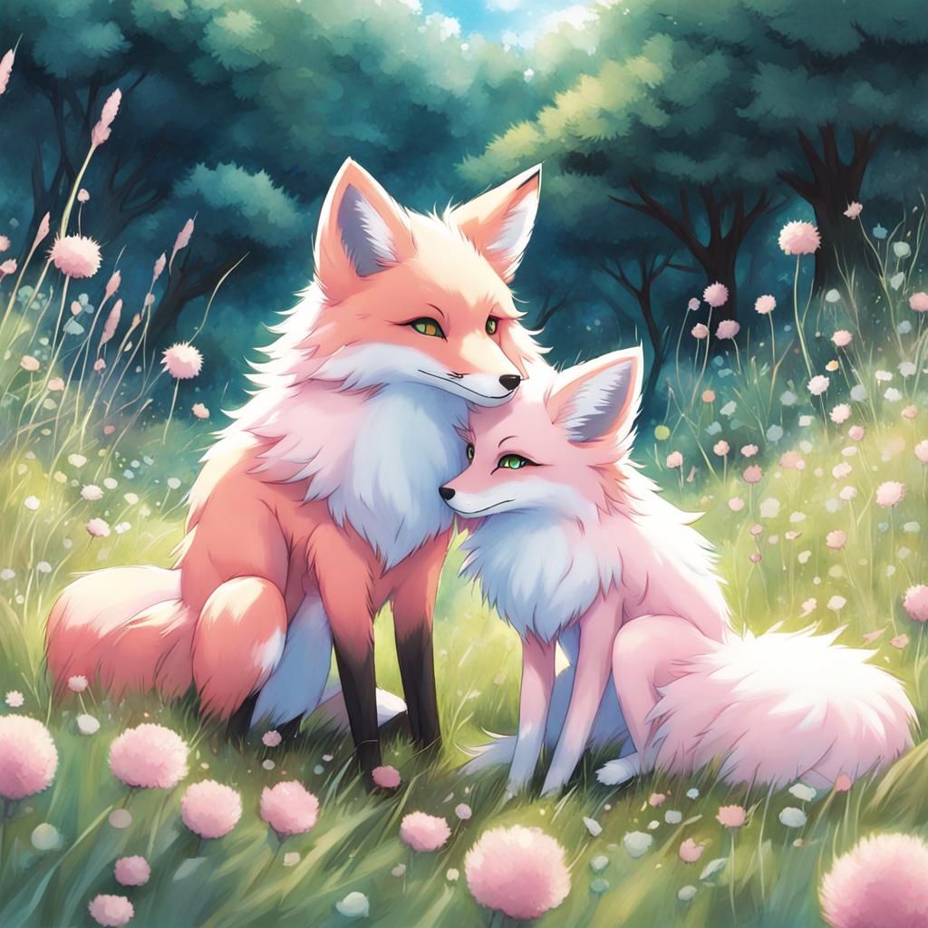 Fluffy Foxes in Meadow, Anime Style