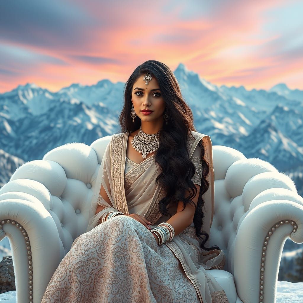 Indian Goddess Seated on Cloudy Armchair with Snowy Mountain...