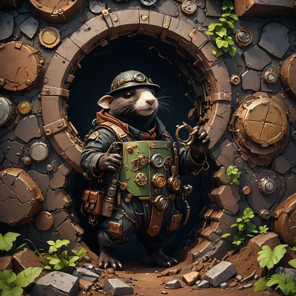 Steampunk Mole Emerges in Camo: Detailed Matte Painting