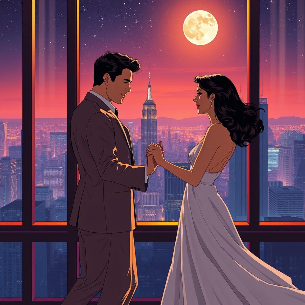Couple Dancing in Cityscape, Hyperrealistic Style