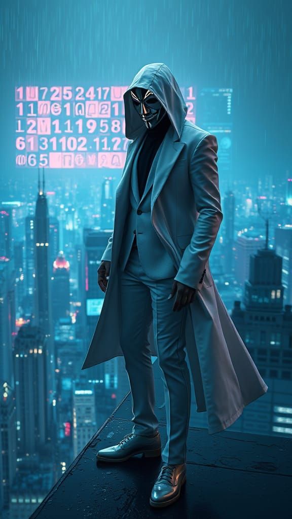 Futuristic Figure in White Suit on Neon Rooftop