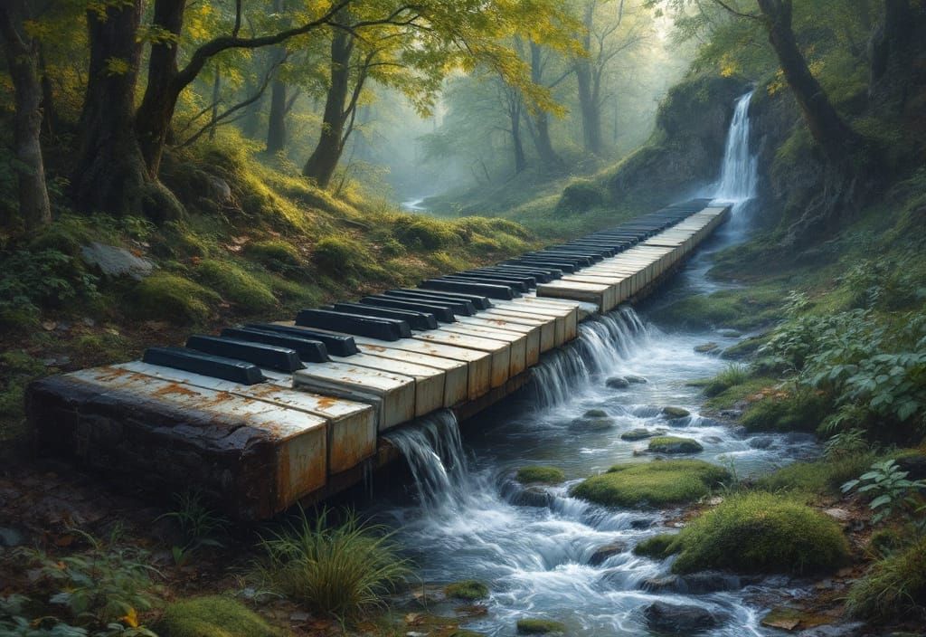 Surreal Forest Flowing Through Giant Piano Keys
