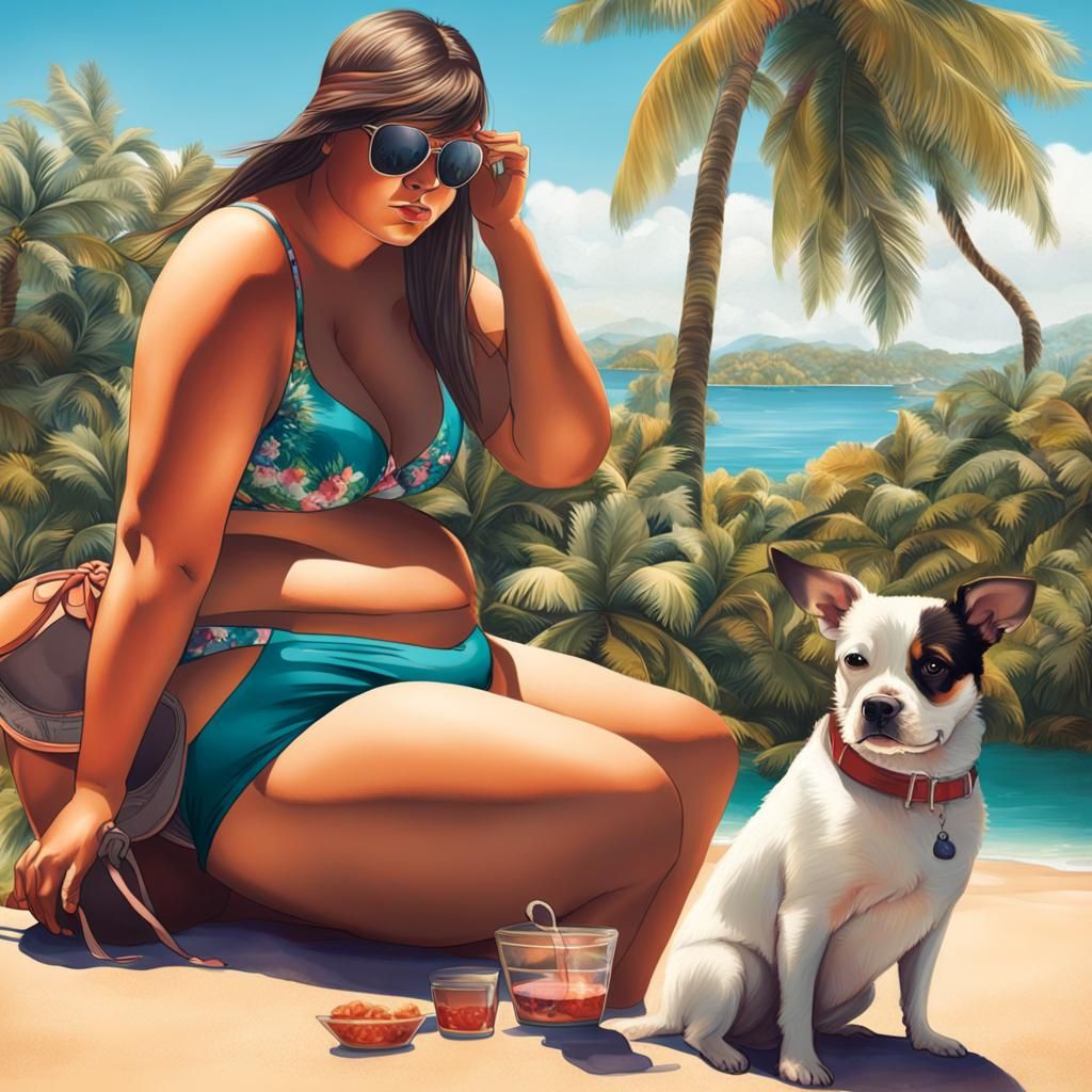 Curvy Woman in Bikini with Small Dog