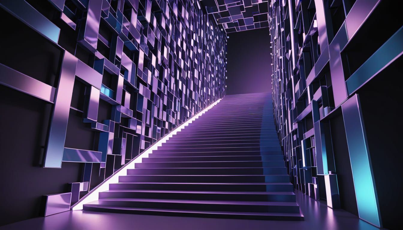 Ascending Light Stairs with Silhouetted Climbers in a Futuri...