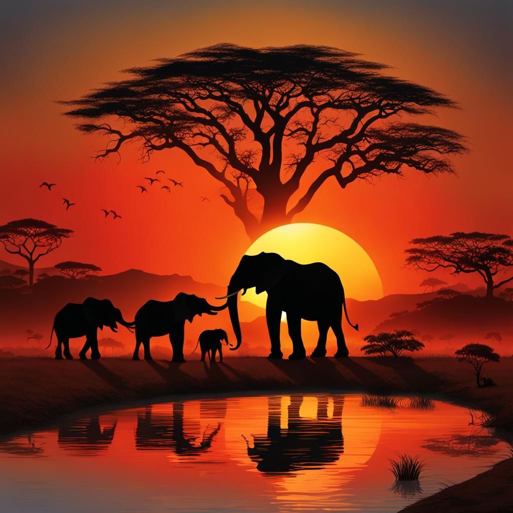 African Sunset with Silhouetted Elephants and Giraffes