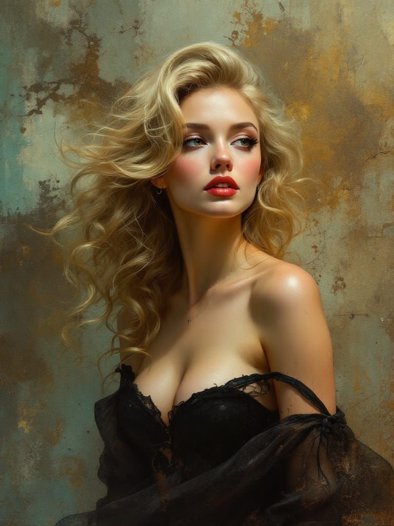 1950s Pin-Up Woman in Atmospheric Oil Painting Style