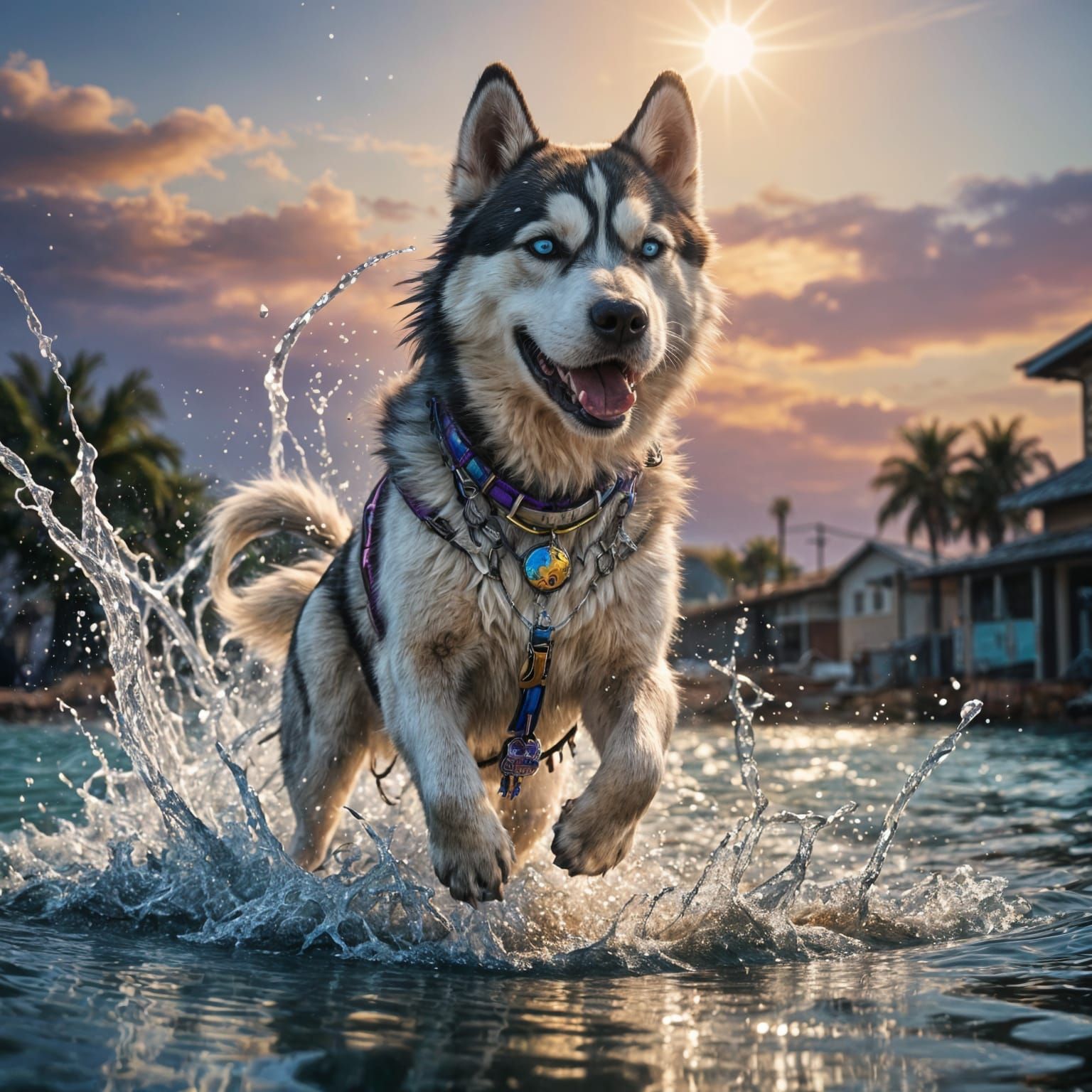 Husky Dog Cools Off in Style