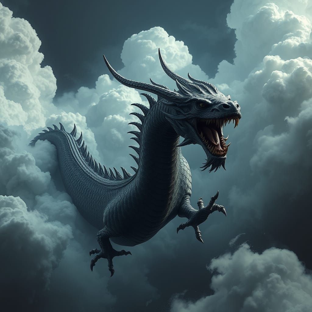 Skeletal Chinese Dragon Soaring Through Storm Clouds