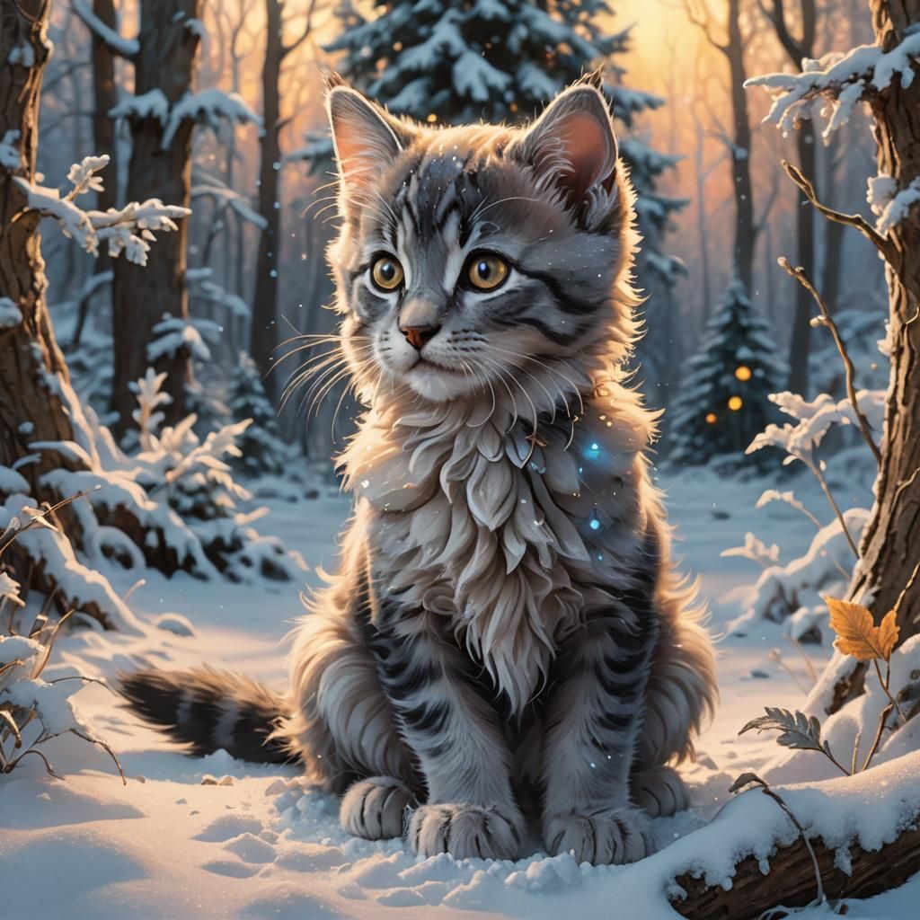 Kitten and Puppy in Winter Forest, Fantasy Art