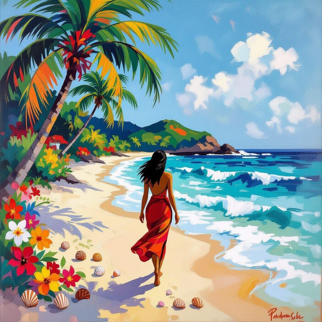 Tropical Beach Scene in Post-Impressionist Style