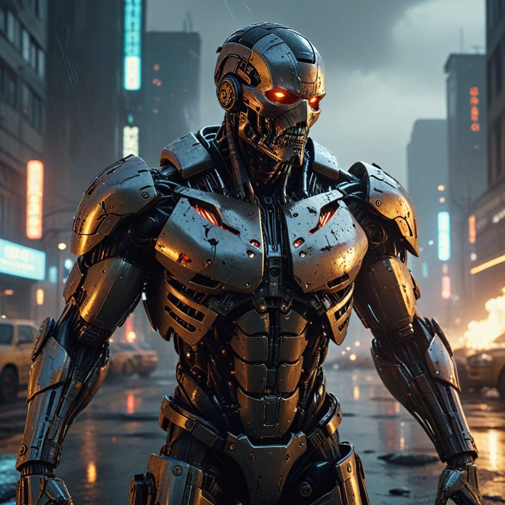 Cyborg Titans Clash in Gritty 8K Battle Scene