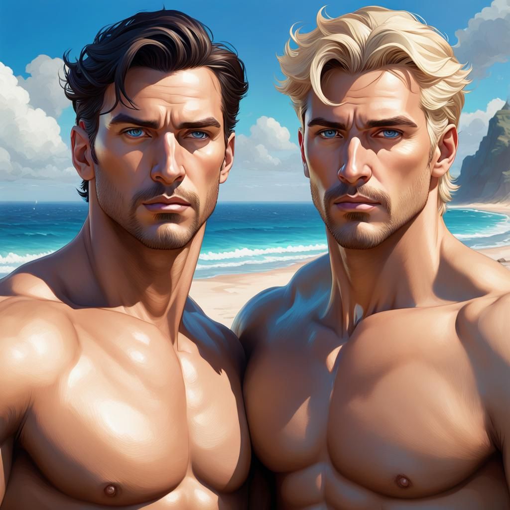 Gay Men on Beach: Hyperdetailed Portrait