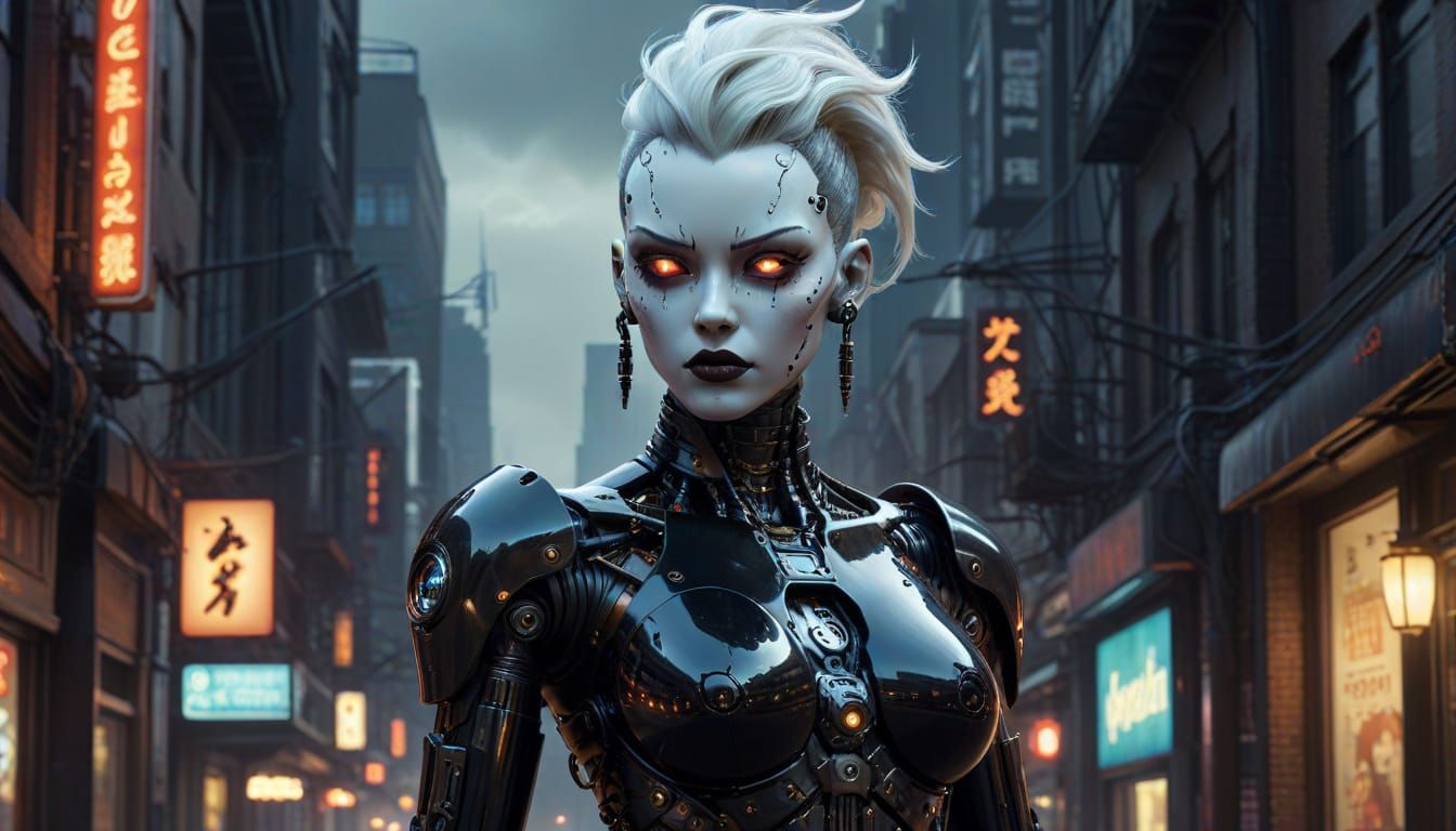Frightening Gynoid in Cyberpunk City, Pinup Style
