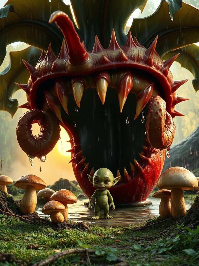 Goblin and Giant Venus Flytrap in Eerie Forest