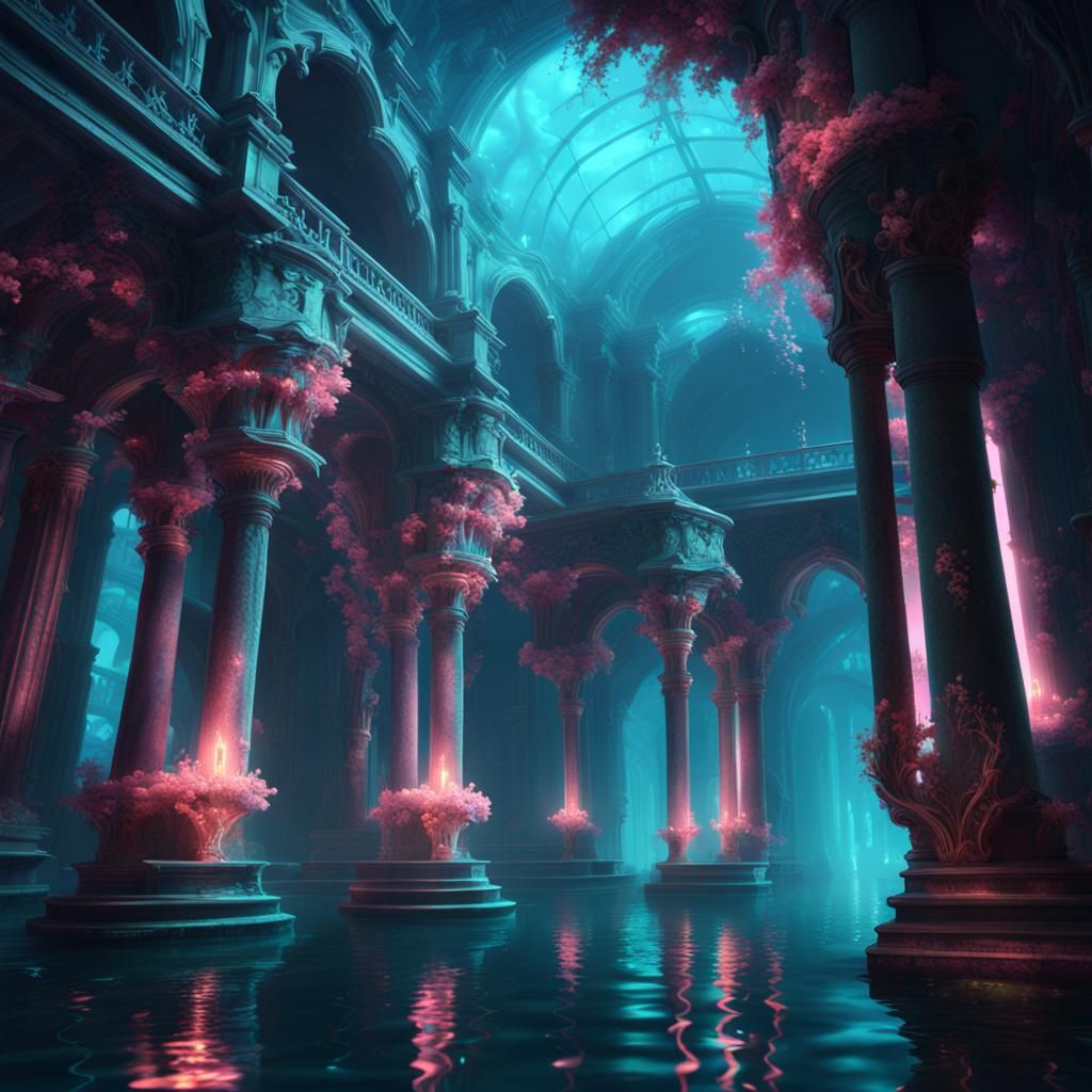 Enchanted Underwater Temple in Rococo Architecture