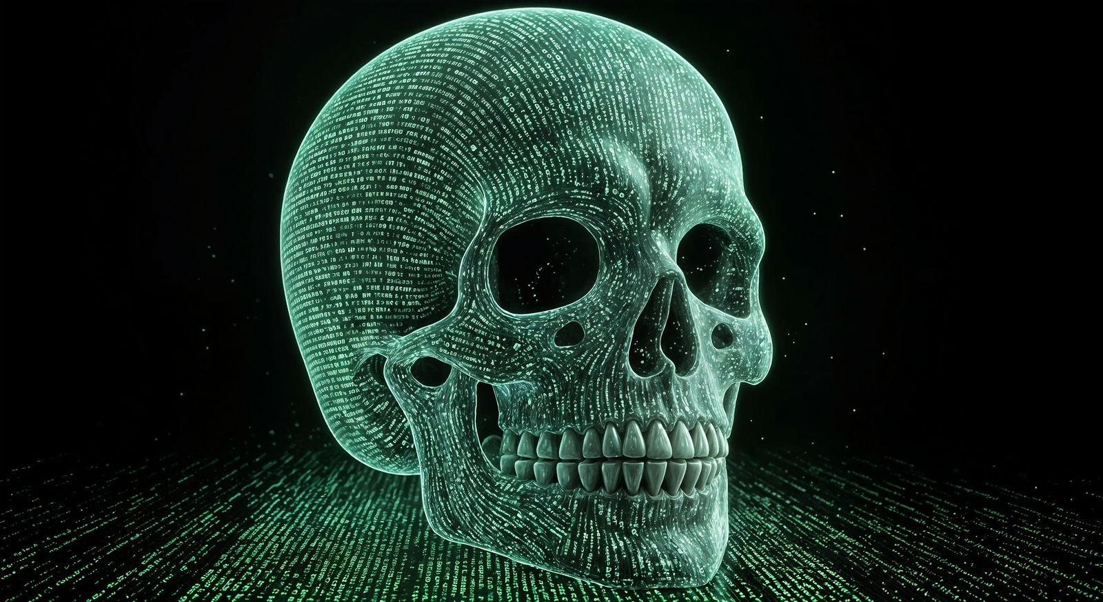 Human Skull Made of Glowing Emerald Code