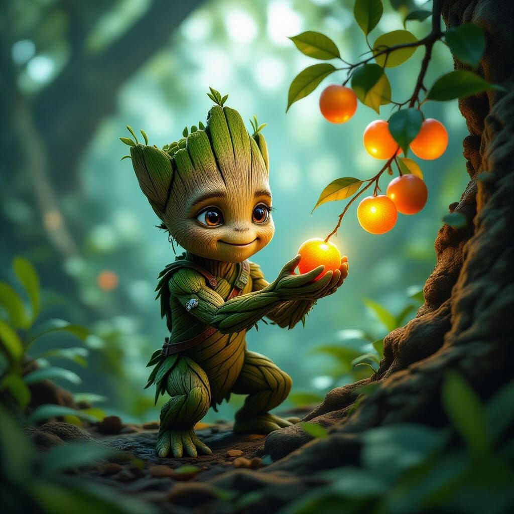 Tree Creature in Mystical Avatar Forest Picking Glowing Frui...