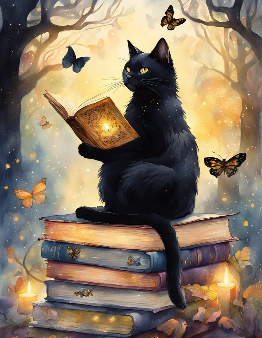 Black Cat on Glowing Books in Enchanted Forest